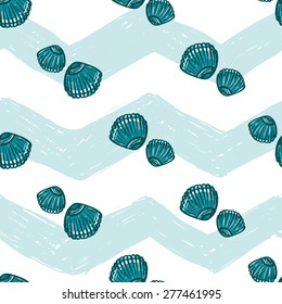 Hand drawn bright sketched kids seashell. Set of isolated sea summer ocean beach party marine wedding seamless pattern. Colored sketch on white blue chevron background