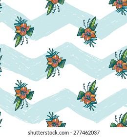 Hand drawn bright sketched kids hibiscus. Set of isolated sea summer ocean beach party marine wedding seamless pattern. Colored sketch on white blue chevron background