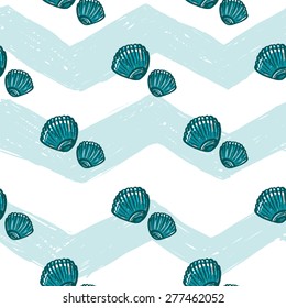 Hand drawn bright sketched kids seashell. Set of isolated sea summer ocean beach party marine wedding seamless pattern. Colored sketch on white blue chevron background