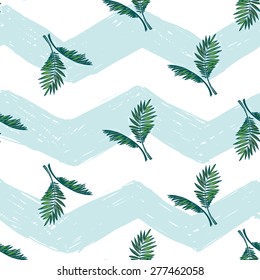 Hand drawn bright sketched kids palm. Set of isolated sea summer ocean beach party marine wedding seamless pattern. Colored sketch on white blue chevron background