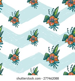 Hand drawn bright sketched kids hibiscus. Set of isolated sea summer ocean beach party marine wedding seamless pattern. Colored sketch on white blue chevron background