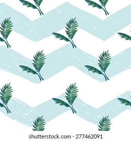Hand drawn bright sketched kids palm. Set of isolated sea summer ocean beach party marine wedding seamless pattern. Colored sketch on white blue chevron background