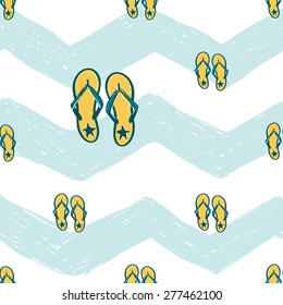 Hand drawn bright sketched kids flip. Set of isolated sea summer ocean beach party marine wedding seamless pattern. Colored sketch on white blue chevron background