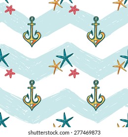 Hand drawn bright sketched kids starfish and anchor. Set of isolated sea summer ocean beach party marine wedding seamless pattern. Colored sketch on white blue chevron background