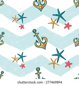 Hand drawn bright sketched kids starfish and anchor. Set of isolated sea summer ocean beach party marine wedding seamless pattern. Colored sketch on white blue chevron background