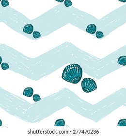 Hand drawn bright sketched kids seashell. Set of isolated sea summer ocean beach party marine wedding seamless pattern. Colored sketch on white blue chevron background