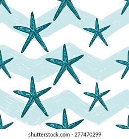 Hand drawn bright sketched kids starfish. Set of isolated sea summer ocean beach party marine wedding seamless pattern. Colored sketch on white blue chevron background