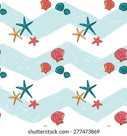 Hand drawn bright sketched kids starfish and seashell. Set of isolated sea summer ocean beach party marine wedding seamless pattern. Colored sketch on white blue chevron background