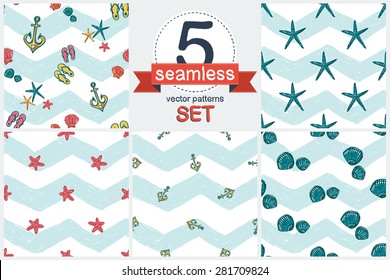 Hand drawn bright sketched kids starfish, anchor, seashell, flip-flop. Set of 5 vector seamless pattern. Chess grid order pattern.