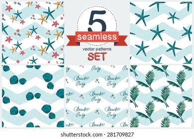 Hand drawn bright sketched kids blue starfish and seashel, palm leaf, beach party. Set of 5 vector seamless pattern. Chess grid order pattern.