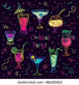 Hand drawn bright sketchy cocktail on blackboard set. Vector illustration