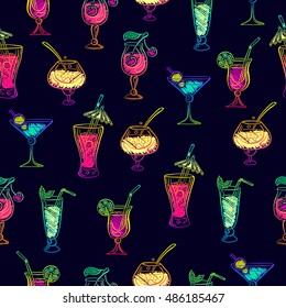 Hand drawn bright sketchy cocktail seamless pattern. Vector illustration