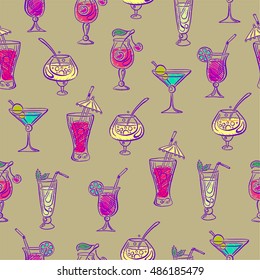 Hand drawn bright sketchy cocktail seamless pattern. Vector illustration
