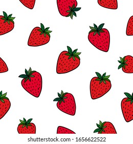 Hand drawn bright strawberry on white background. Seamless fresh doodle summer pattern. Suitable for wrapping paper, textile.
