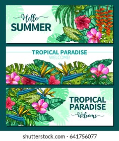 Hand Drawn Bright Typographical Summer Horizontal Banners. Sketch Design With Tropical Plants And Flowers