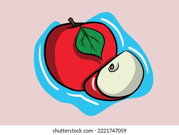 Hand drawn bright vector illustration of colorful half and whole of juicy apple. Fresh cartoon apples on white background.