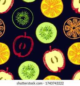 Hand drawn bright vector seamless pattern. Yellow, green fruits, kiwi, apple, orange on a black background. For printing on packaging, fabric, summer beachwear, textile.