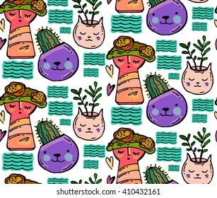 Hand drawn  bright vector Succulents in hand made  concrete  ceramic pots in cute style. Home decoration.Vector illustration