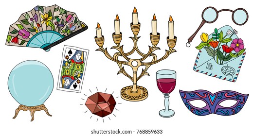 Hand drawn bright vintage set for divination, fortune telling isolated on white background. Vintage Christmas entertainment of 19 century