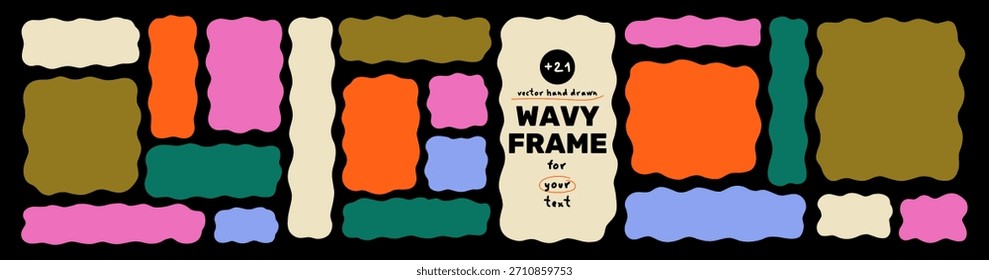 Hand Drawn Bright Wavy Textbox Frame Kit. Wave Shape Border for Text Box Bundle. Scallop Edge Square Rectangle Frames Set. Vector Graphic Elements for Decor Design
