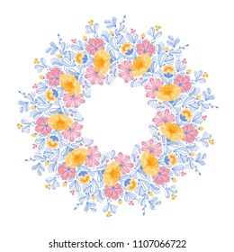 Hand drawn bright wreath with pink and yellow flowers. Botanical Vector illustration with isolated elements. Card, festive decoration, wedding, anniversary