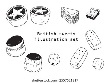 Hand drawn british baked goods illustration set