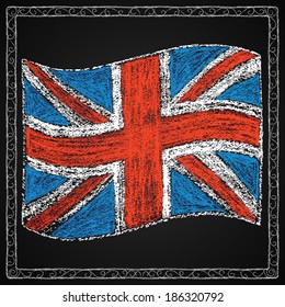 Hand drawn british flag. Chalk on board. British flag in frame. Vector illustration.
