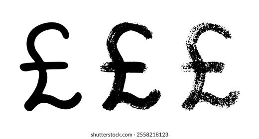 Hand drawn british pound currency symbol set Brush stroke doodle Single element for design