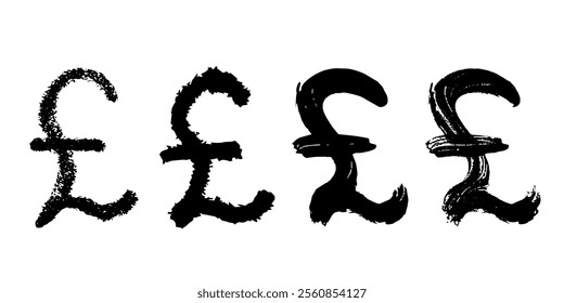 Hand drawn british pound currency symbol set Brush stroke doodle Single element for design