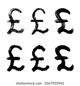 Hand drawn british pound currency symbol set Brush stroke doodle Single element for design