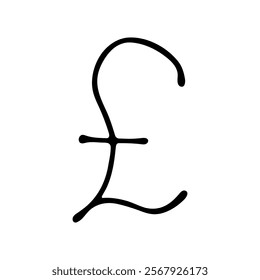 Hand drawn british pound currency symbol. Brush stroke doodle. Single element for design