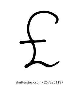 Hand drawn british pound currency symbol. Brush stroke doodle. Single element for design