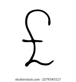 Hand drawn british pound currency symbol. Brush stroke doodle. Single element for design