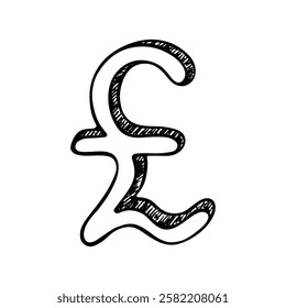 Hand drawn british pound currency symbol. Brush stroke doodle. Single element for design