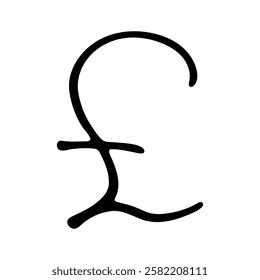 Hand drawn british pound currency symbol. Brush stroke doodle. Single element for design