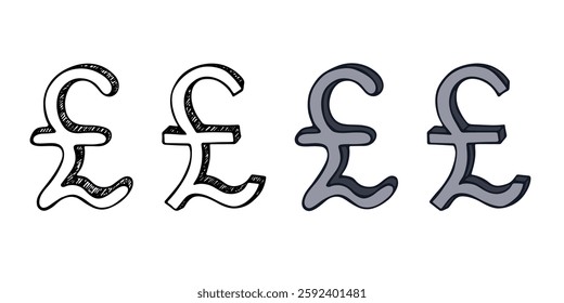 Hand drawn british pound currency symbol set Brush stroke doodle Single element for design