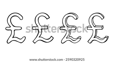 Hand drawn british pound currency symbol set Brush stroke doodle Single element for design