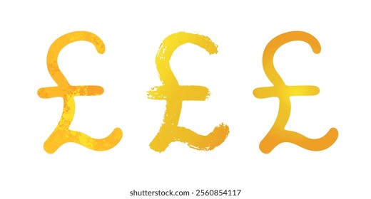 Hand drawn british pound gold currency symbol set Brush stroke doodle Single element for design