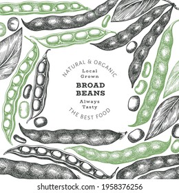 Plantilla de diseño de granos amplios dibujados a mano. Ilustración vectorial de alimentos frescos orgánicos. Ilustración retro pods. Fondo de cereal de estilo botánico grabado.