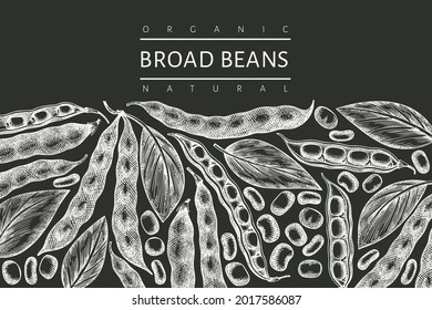 Plantilla de diseño de granos amplios dibujados a mano. Ilustración vectorial de alimentos frescos orgánicos en pizarra de tiza. Ilustración retro pods. Fondo de cereales de estilo botánico.