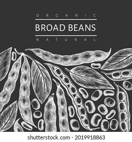 Hand drawn broad beans design template. Organic fresh food vector illustration on chalk board. Retro pods illustration. Botanical style cereal background.