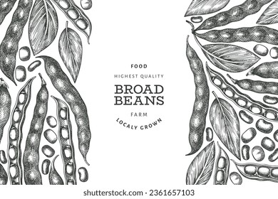 Plantilla de diseño de granos amplios dibujados a mano. Ilustración vectorial de alimentos frescos orgánicos. Ilustración retro pods. Fondo de cereal de estilo botánico grabado.