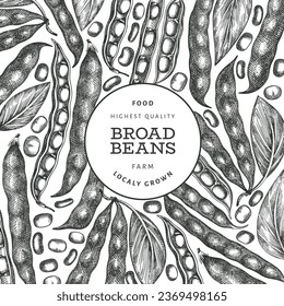 Plantilla de diseño de granos amplios dibujados a mano. Ilustración vectorial de alimentos frescos orgánicos. Ilustración retro pods. Fondo de cereal de estilo botánico grabado.