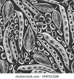 Hand drawn broad beans seamless pattern. Organic fresh food vector illustration on chalk board. Retro pods illustration. Engraved botanical style cereal background.