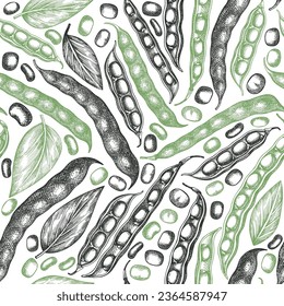 Hand drawn broad beans seamless pattern. Organic fresh food vector illustration. Retro pods illustration. Engraved botanical style cereal background.