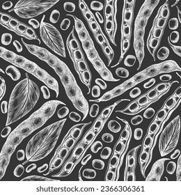 Hand drawn broad beans seamless pattern. Organic fresh food vector illustration on chalk board. Retro pods illustration. Engraved botanical style cereal background.