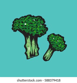 Hand drawn broccoli on blue background, Vector Illustration.