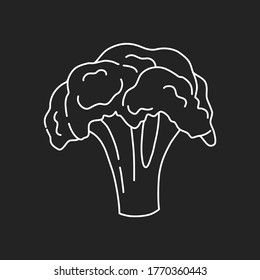 Brocoli dibujado a mano en línea blanca, icono simple en estilo doodle. Ilustración vectorial sobre fondo negro aislado. 