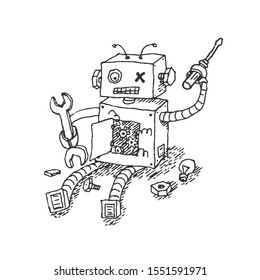 Hand drawn Brocken Robot Isolated on White background Vector illustration