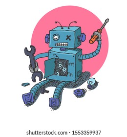 Hand drawn Brocken Robot. Vector illustration
